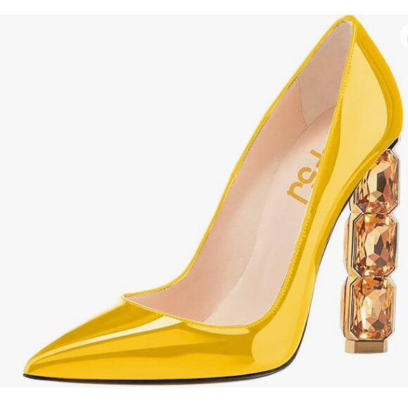 FSJ Shoes - FSJ Yellow Jeweled High Heel Pointed Toe Pump Slip On Sparkling Crystal Shoes